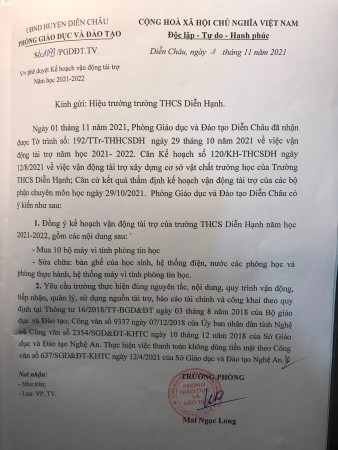 Kế hoạch vận động tài trợ cơ sở giáo dục trường THCS Diễn Hạnh Năm học 2021– 2022